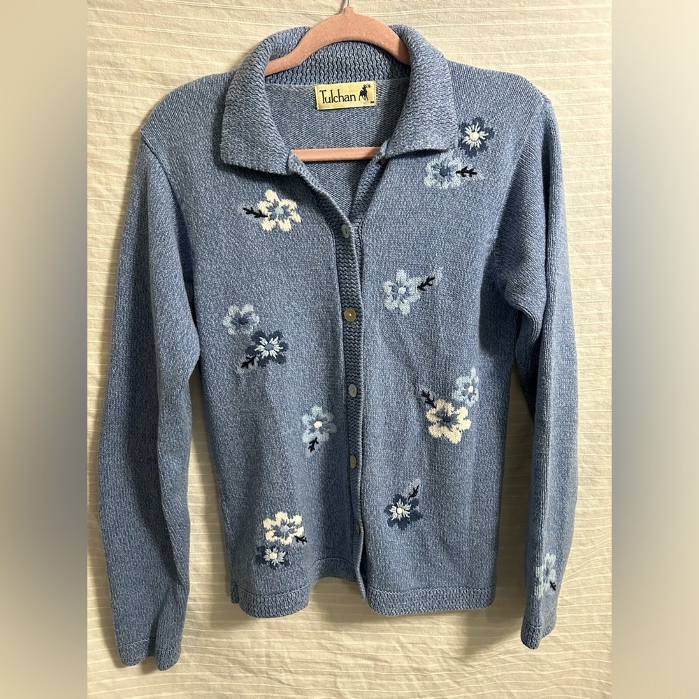 Tulchan Knit Cardigan Floral Embroidered Sheep 100% Cotton Sweater M Vtg  B9